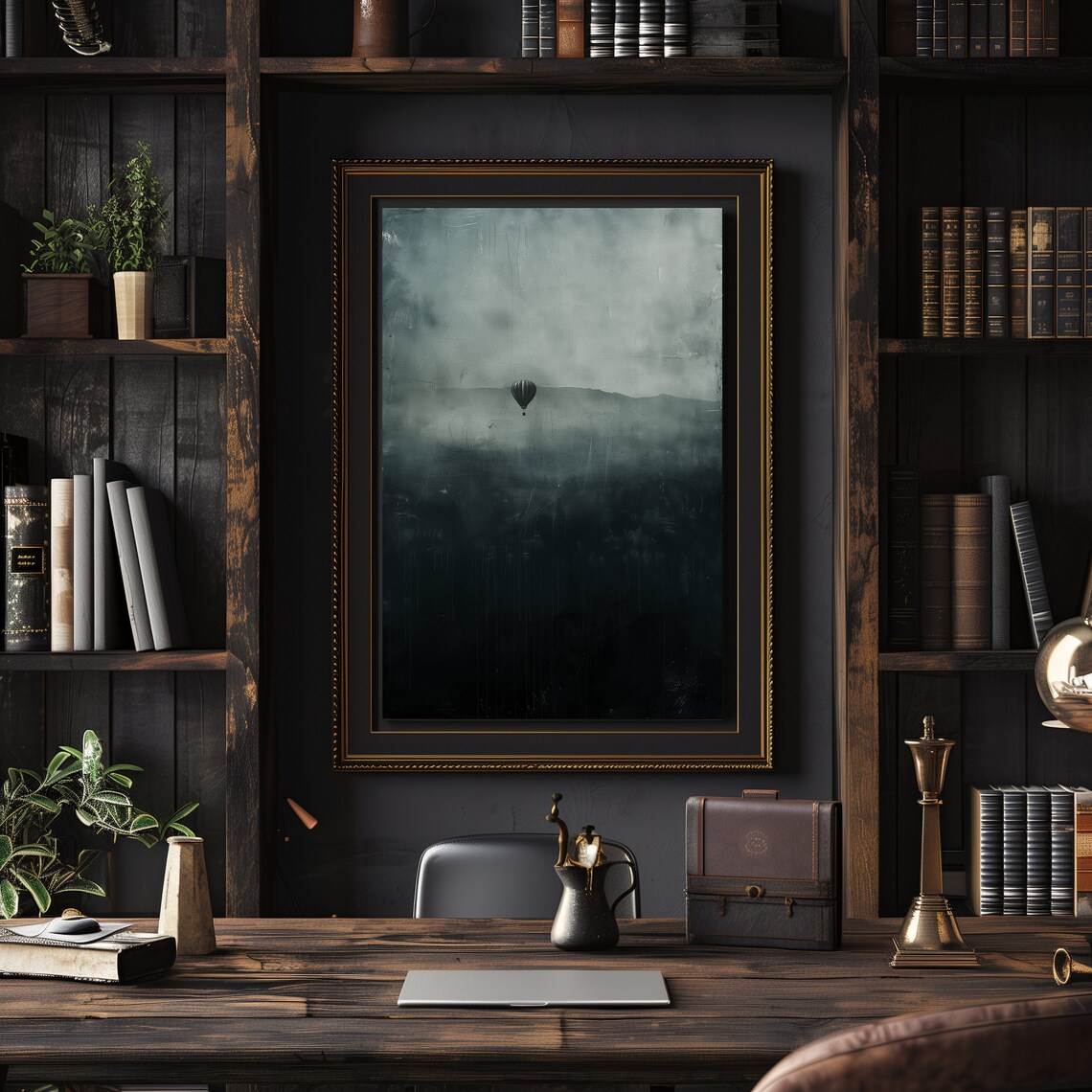 Dark Moody Hot Air Balloon Over Misty Valley Dark Academia Art Poster - Image 3