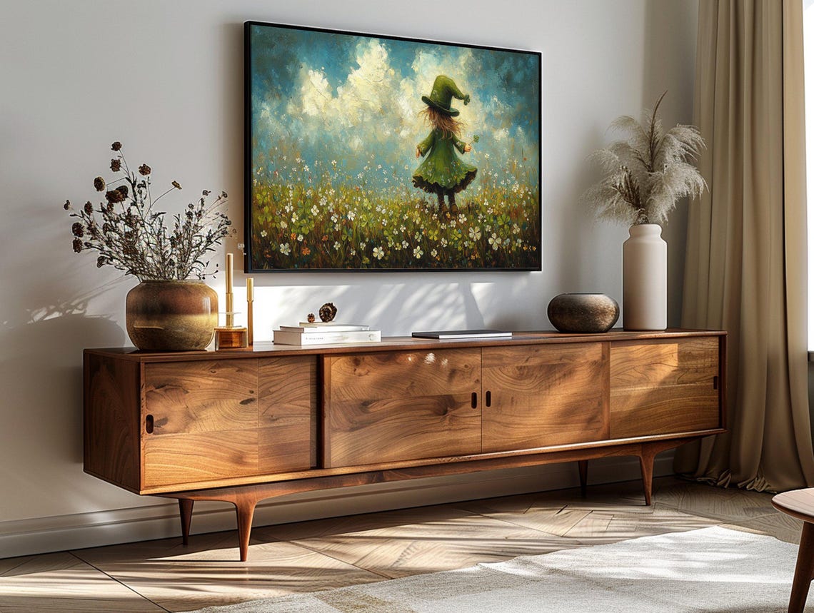 St Patricks Day Girl Green Hat Shamrock Meadow Whimsical Clouds Poster - Image 3