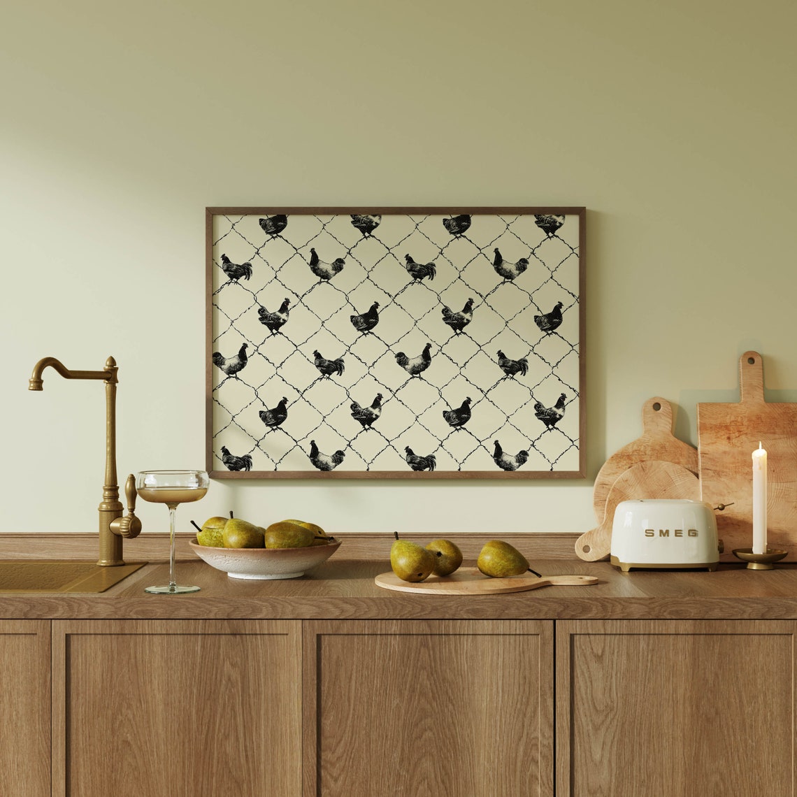 Chicken Wire Pattern With Sketched Chickens Farmhouse Art Poster - Image 3