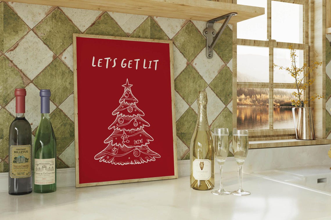 Festive Funny Let's Get Lit Christmas Tree Red Holiday Quote Poster - Image 4