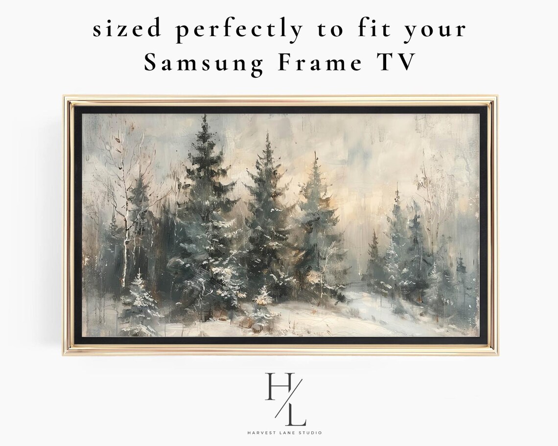 Snowy Pine Forest Winter Painting Muted Blue Gray Frame TV Poster - Image 5