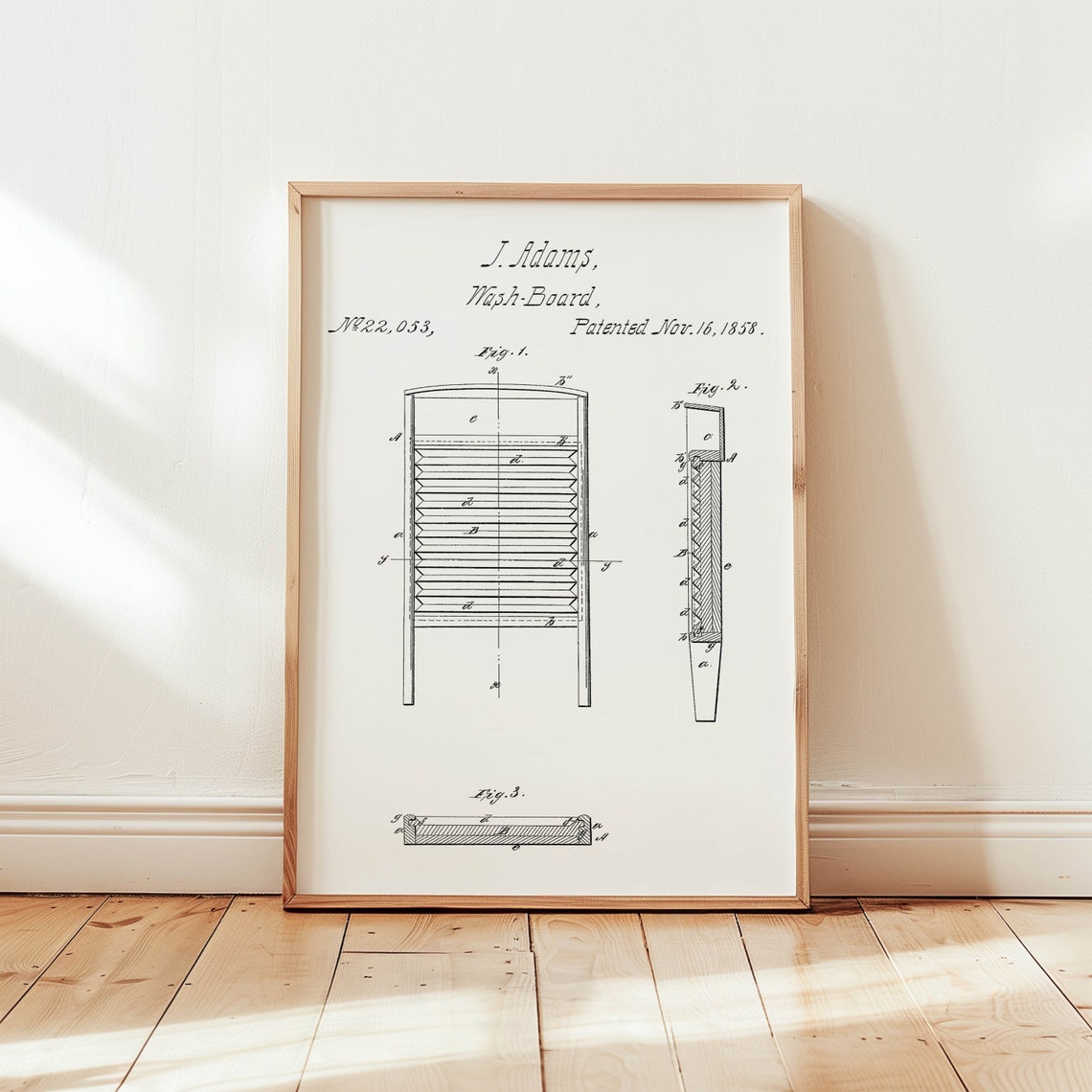 1858 Wash Board Patent Drawing J Adams Vintage Laundry Poster