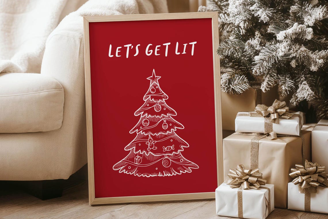 Festive Funny Let's Get Lit Christmas Tree Red Holiday Quote Poster - Image 3