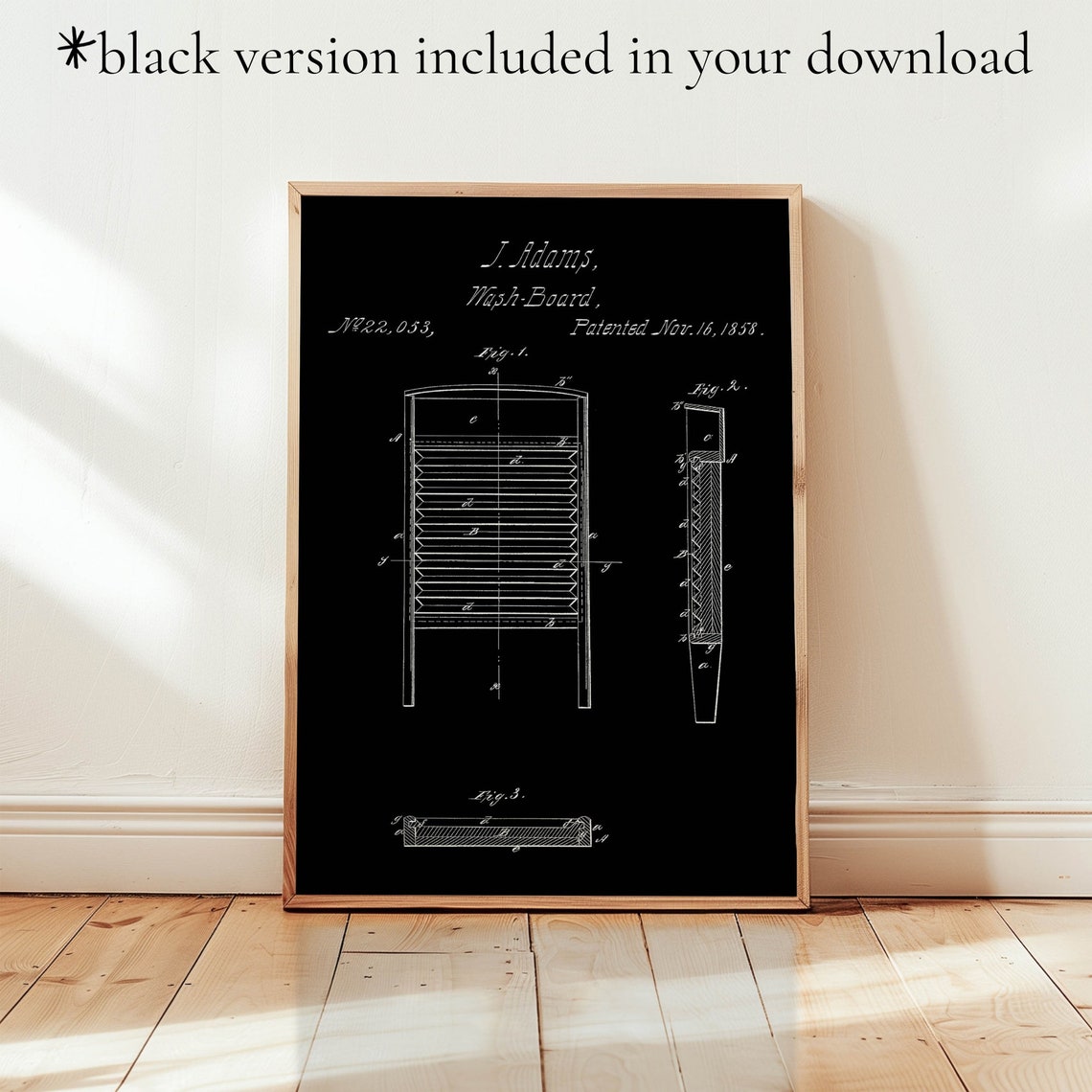 1858 Wash Board Patent Drawing J Adams Vintage Laundry Poster - Image 6