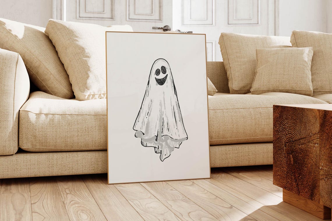 Cute Happy Smiling Ghost Sketch Minimalist Halloween Wall Poster - Image 5