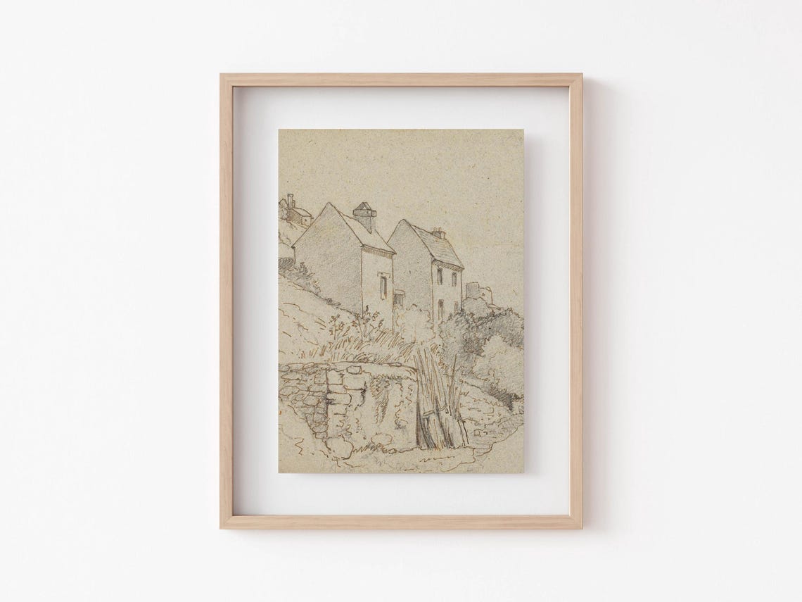 Vintage Pencil Sketch Rustic Cottages Landscape Drawing Poster - Image 3