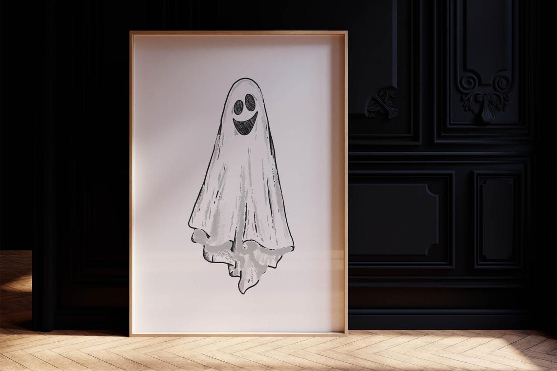 Cute Happy Smiling Ghost Sketch Minimalist Halloween Wall Poster - Image 2