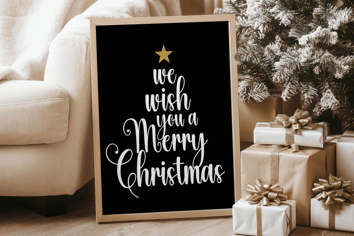 We Wish You A Merry Christmas Calligraphy Tree Gold Star Poster - Image 5