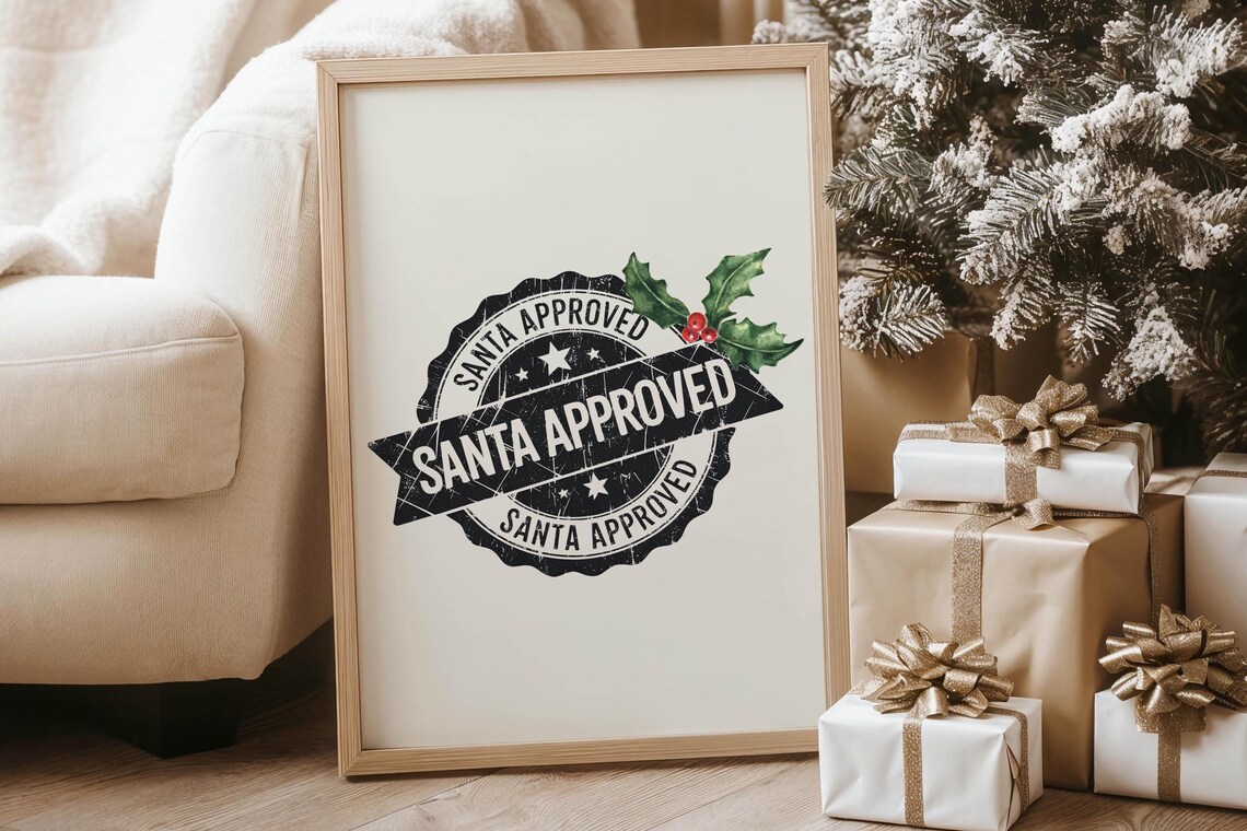 Santa Approved Vintage Rubber Stamp Badge Christmas Art Poster - Image 6