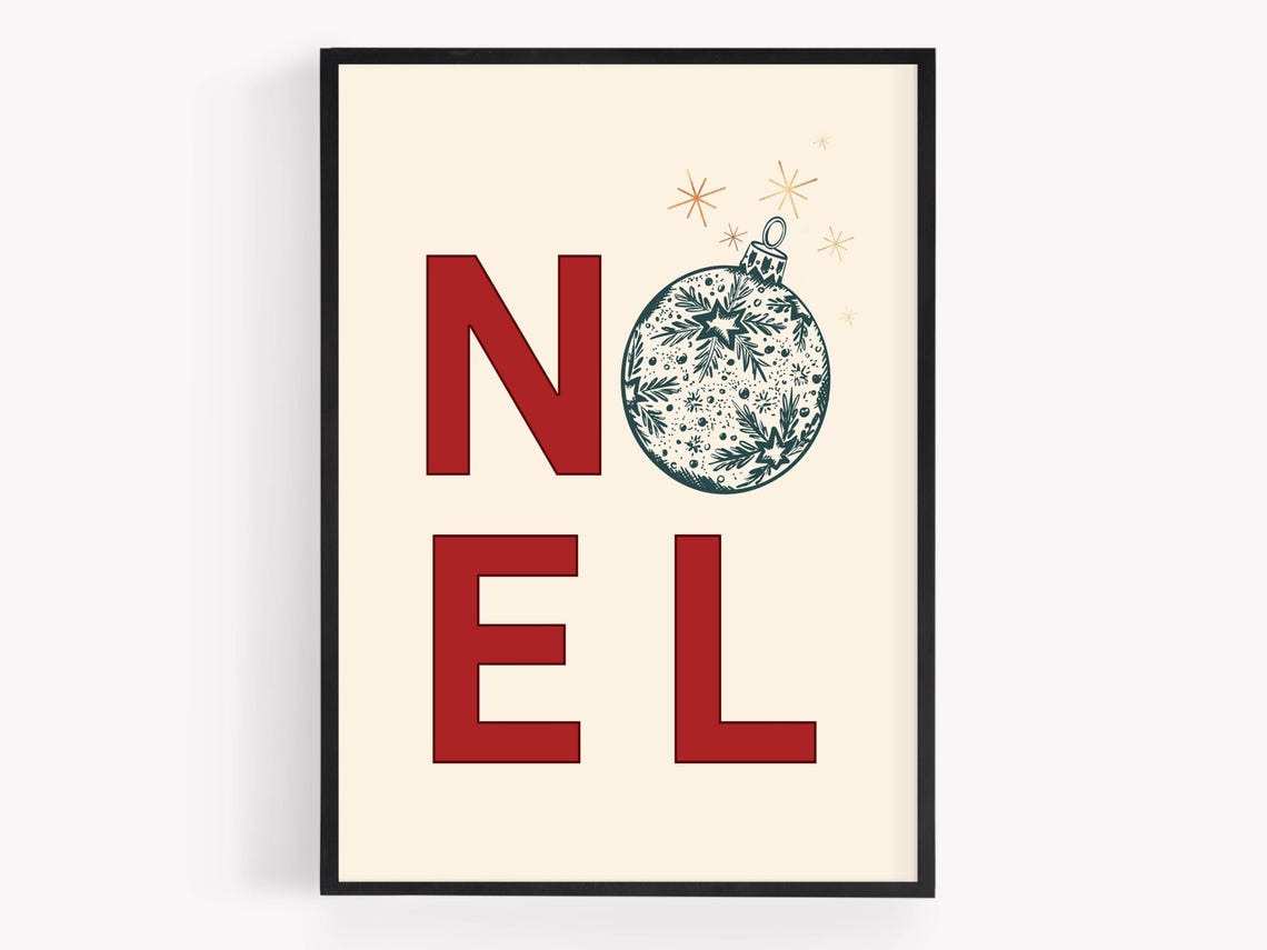 Noel Stacked Red Letters Ornament Cream Christmas Art Poster - Image 5