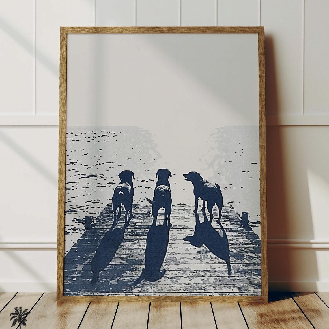 Three Dogs Watching Sunset On Dock Navy Silhouette Lake Art Poster