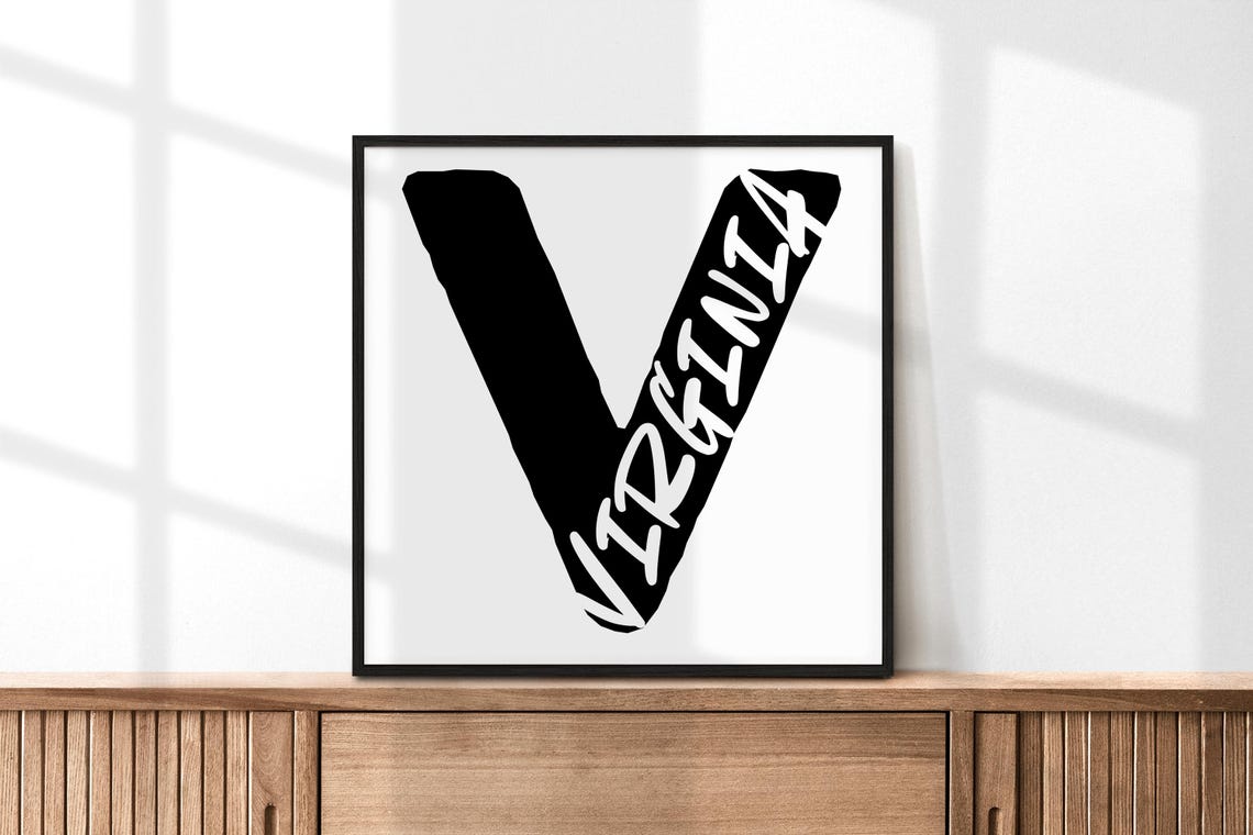 Virginia State Large Letter V Black White Minimalist Typography Print