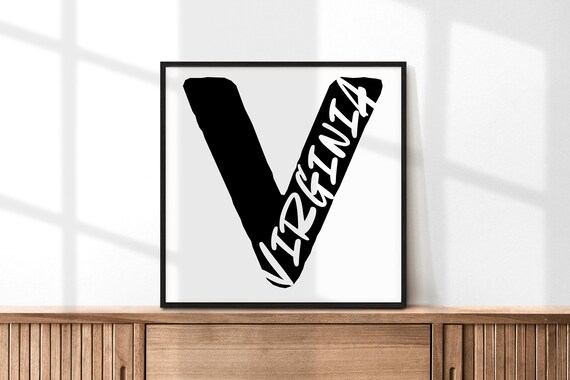 Virginia State Large Letter V Black White Minimalist Typography Print