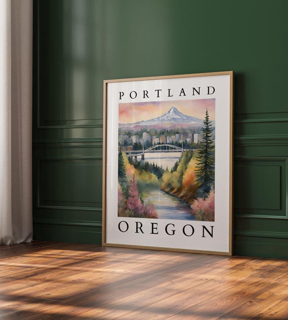 Portland Oregon Watercolor City Skyline Wall Art Mt Hood Landscape Print Pacific Northwest Decor