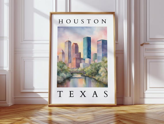 Houston Texas Watercolor Skyline With River View Wall Art Modern Cityscape For Home Dcor