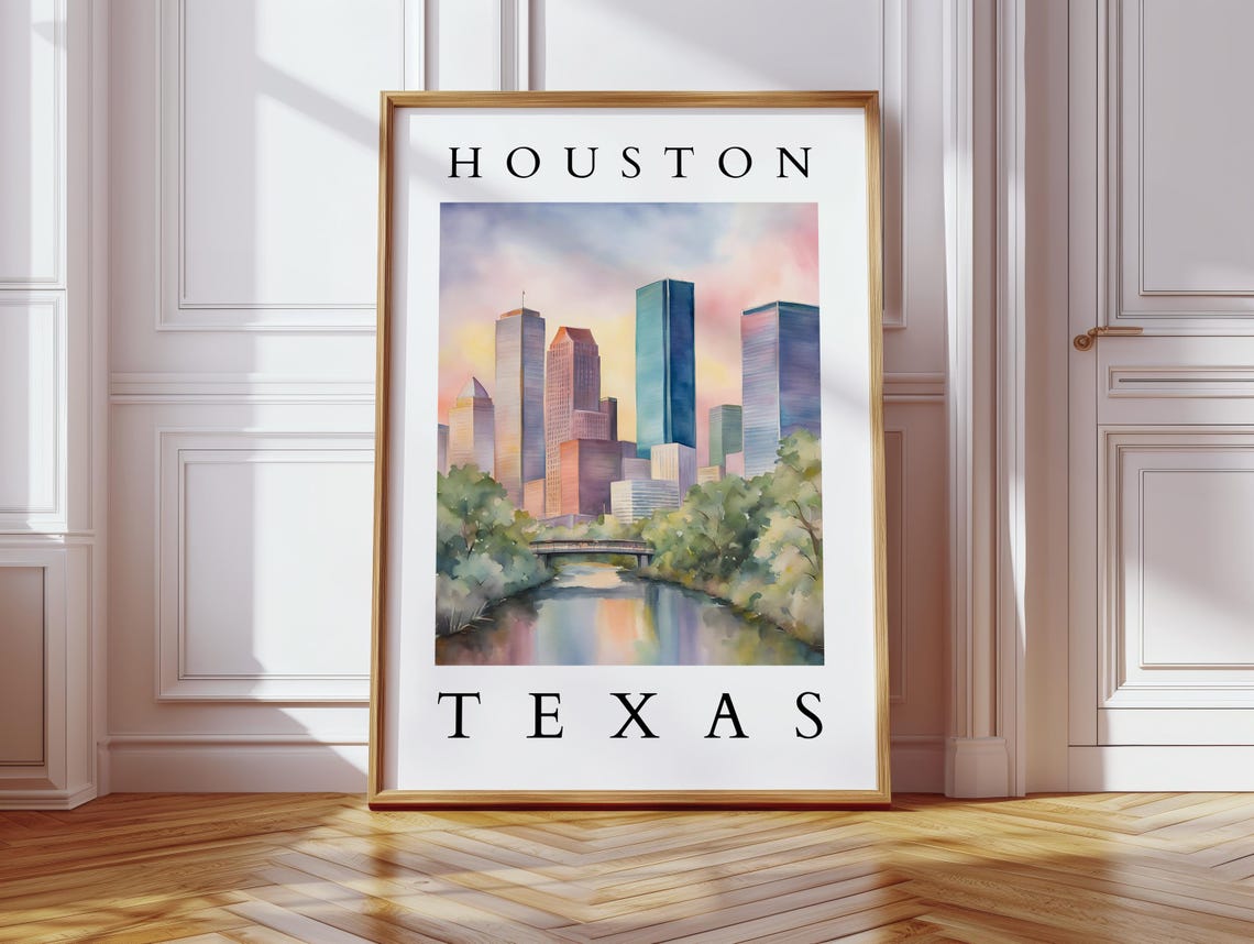 Houston Texas Watercolor Skyline With River View Wall Art Modern Cityscape For Home Dcor