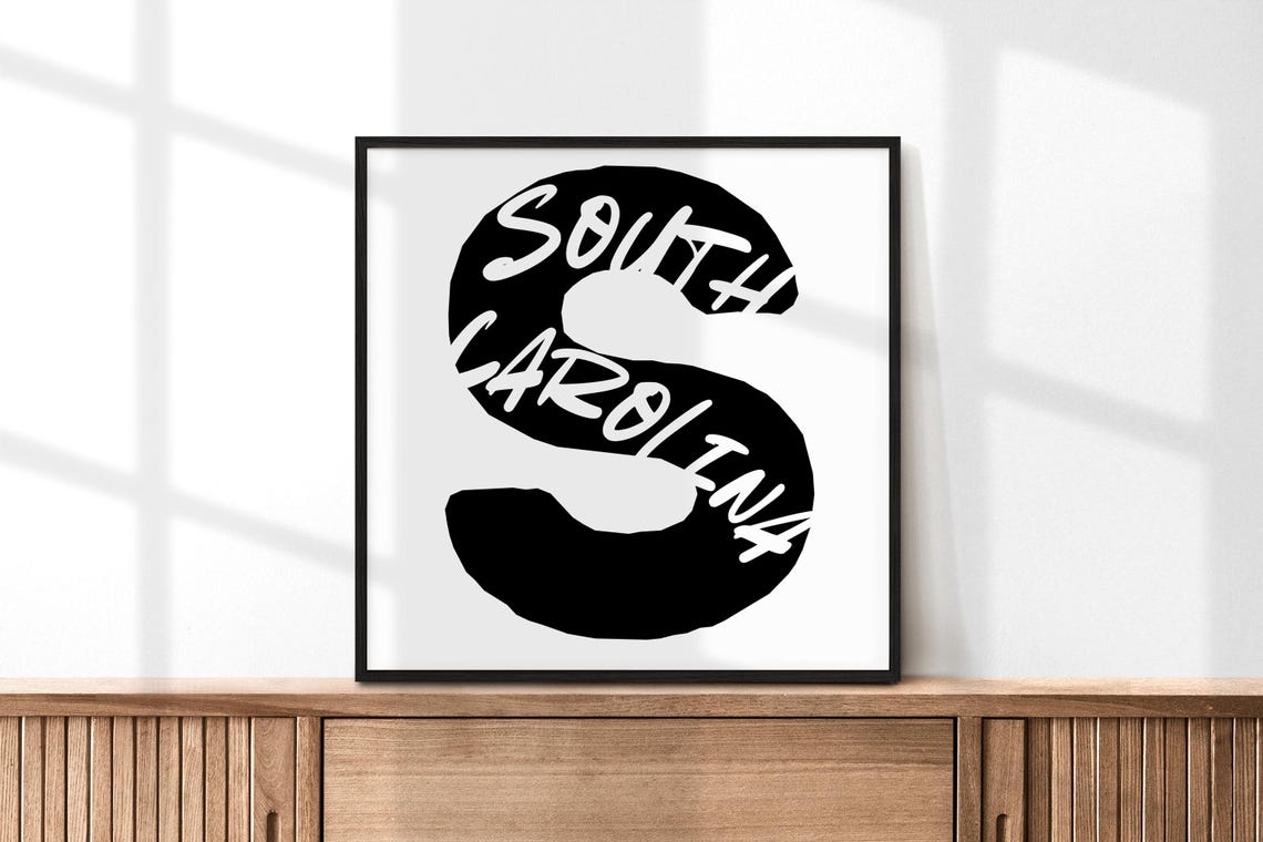 South Carolina State Large Letter S Black White Minimalist Print Wall