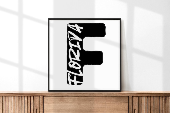 Florida Letter F Typography Poster Minimalist Black White State Wall Decor