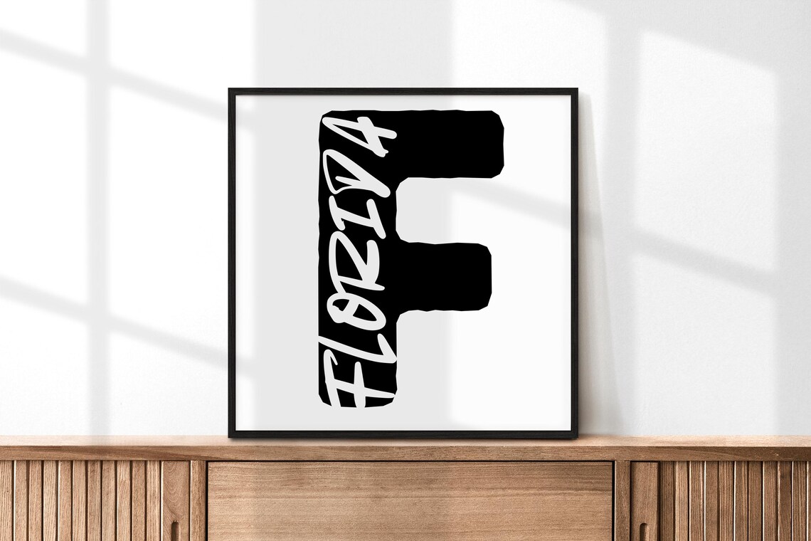 Florida Letter F Typography Poster Minimalist Black White State Wall Decor