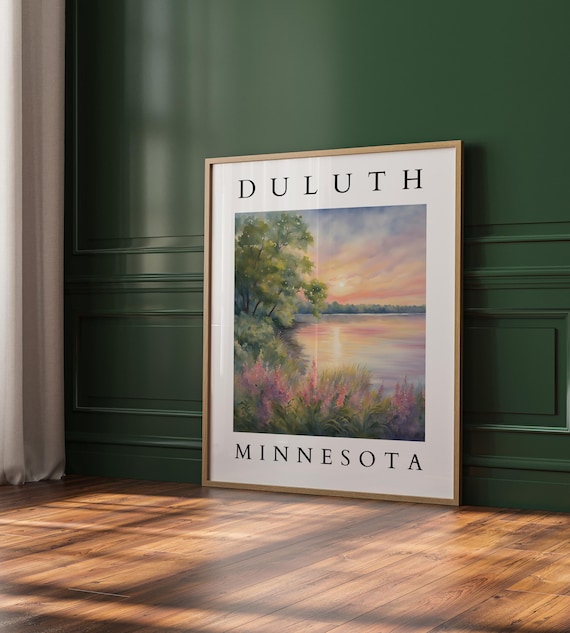 Duluth Minnesota Lake Sunset Shoreline Watercolor Scenic Art Poster