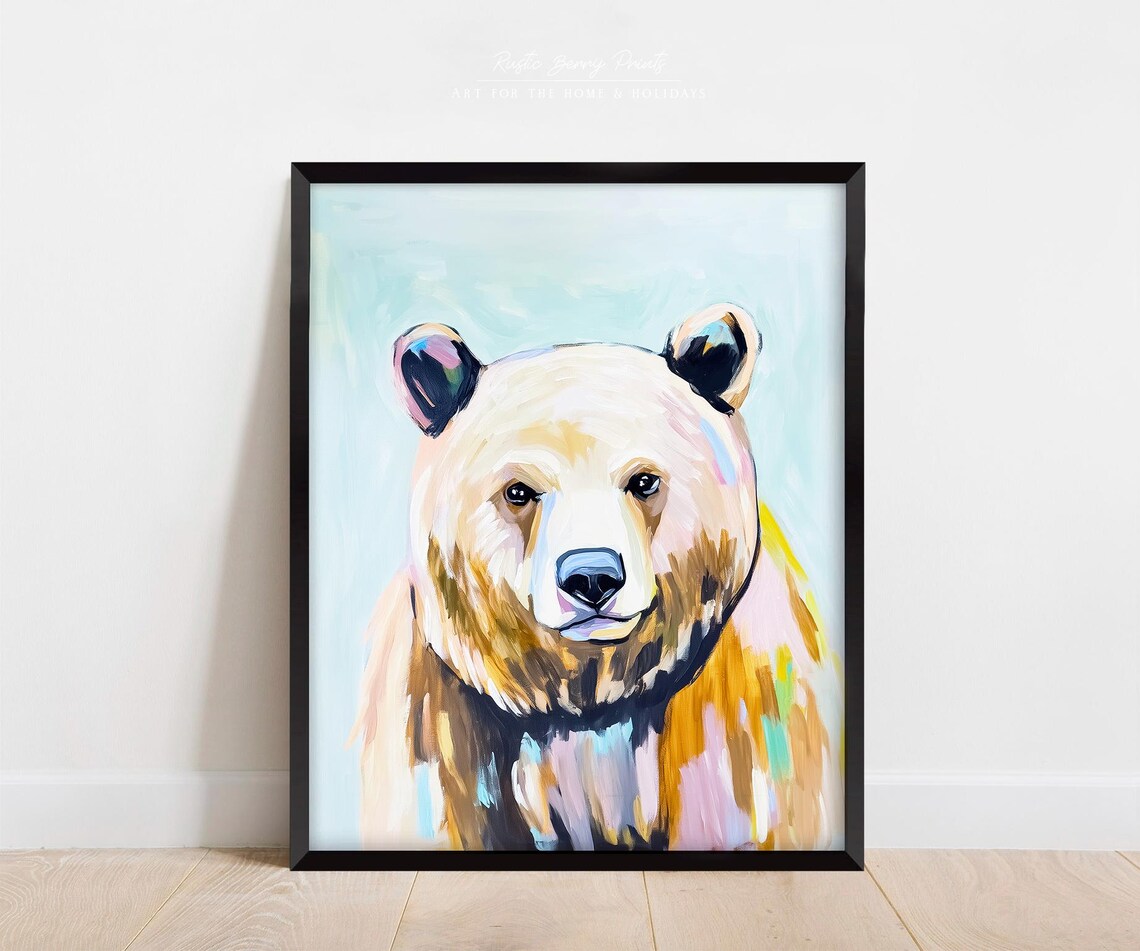Pastel Cream Bear Portrait Soft Blue Background Sweet Nursery Art Poster