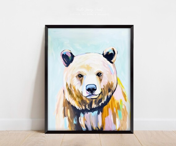 Pastel Cream Bear Portrait Soft Blue Background Sweet Nursery Art Poster