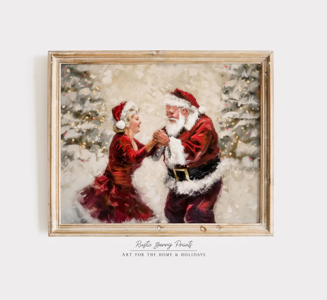 Santa Mrs Claus Dancing Holding Hands Snowy Trees Holiday Poster