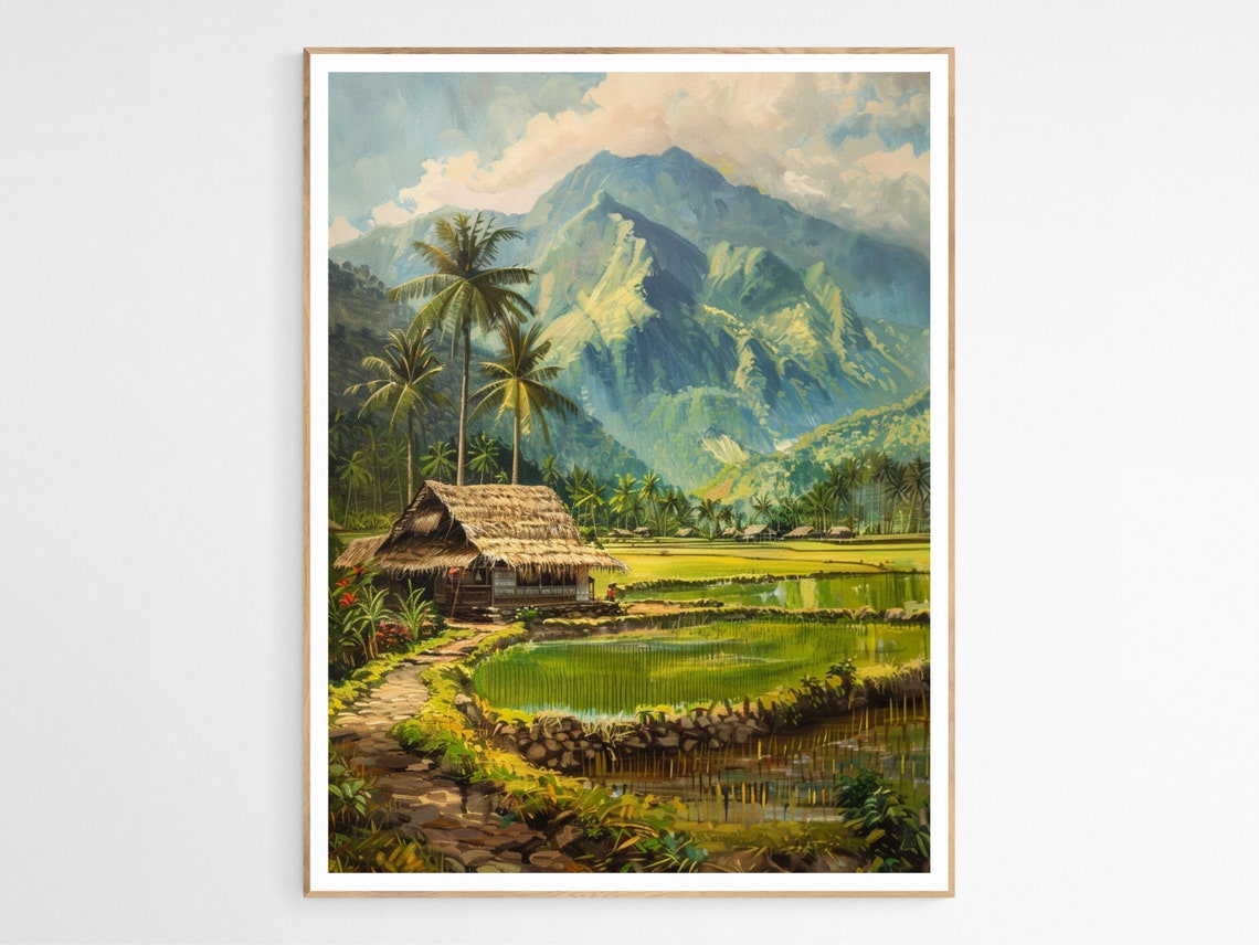 Tropical Rice Paddy Fields Thatched Hut Mountain Landscape Art Poster