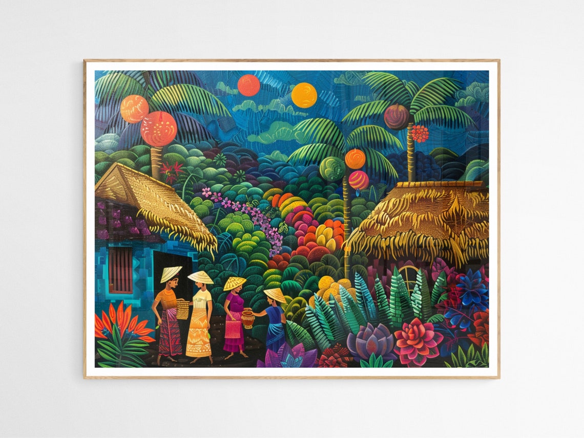 Filipino Village Night Lanterns Tropical Folk Art Colorful Print