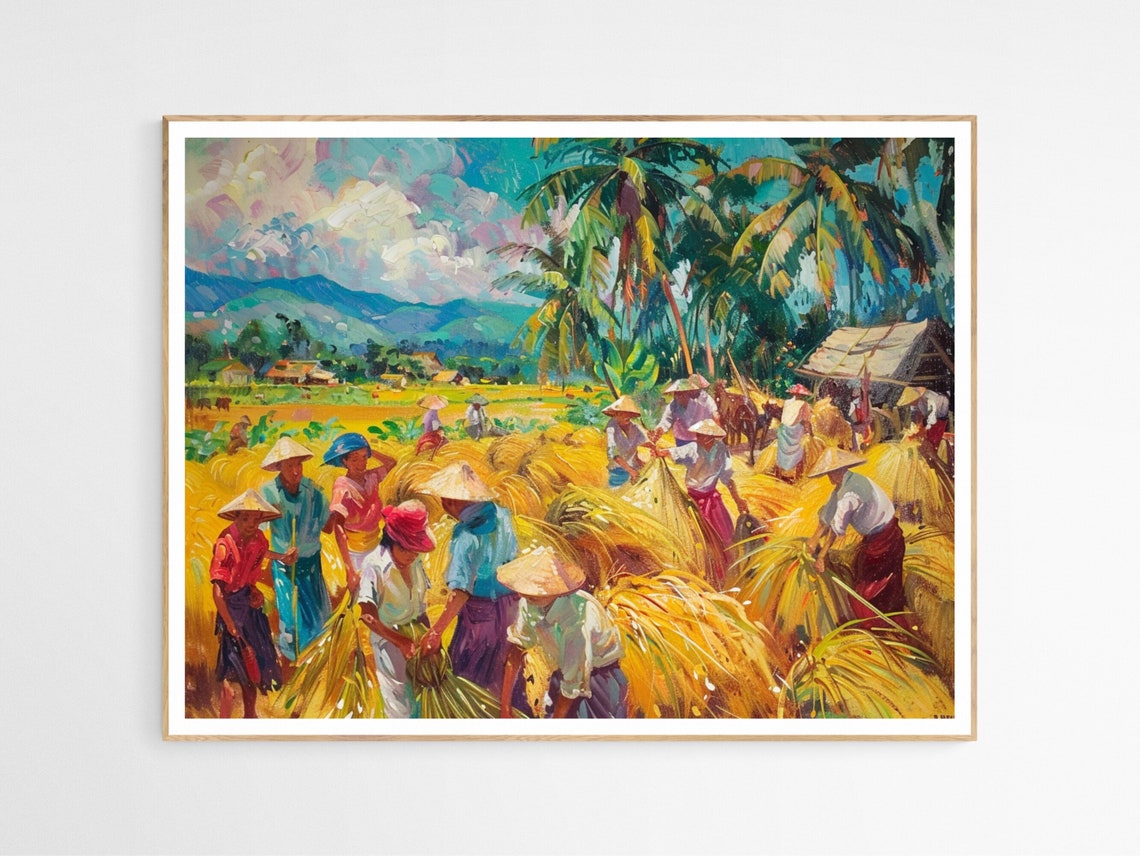 Rice Harvest Workers in Golden Fields Mountain Landscape Art Poster