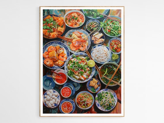 Vietnamese Cuisine Feast Pho Noodles Shrimp Colorful Food Art Poster