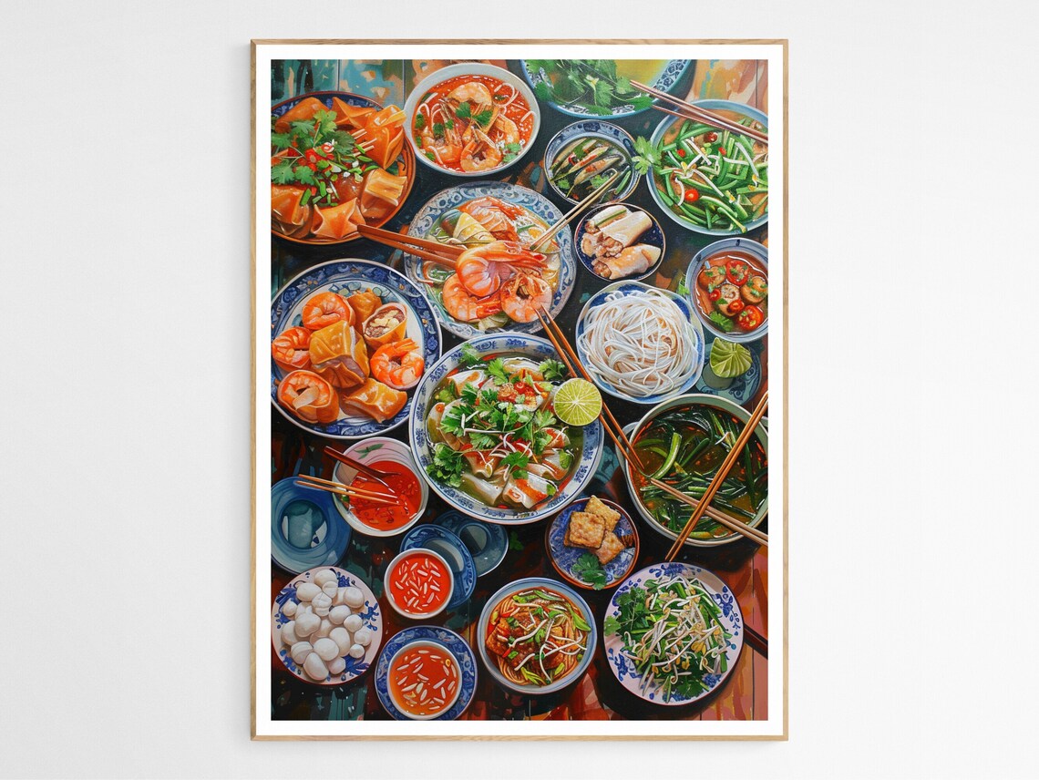 Vietnamese Cuisine Feast Pho Noodles Shrimp Colorful Food Art Poster