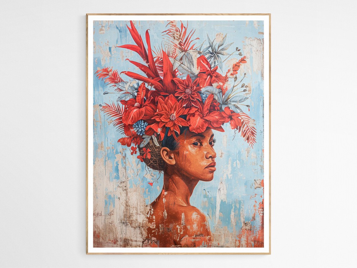 Filipina Woman Red Tropical Floral Headdress Portrait Art Print
