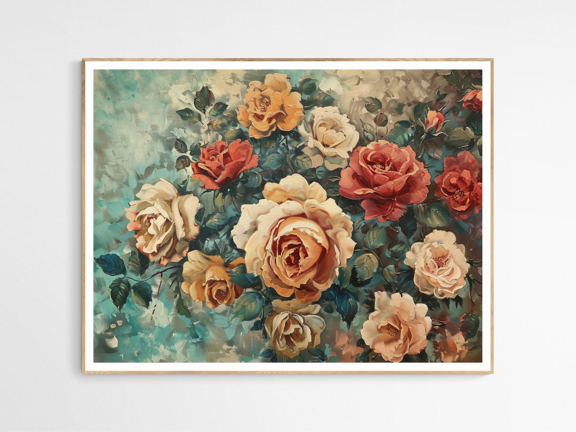 Bold Vintage Roses Mixed Red Cream Impressionist Floral Poster