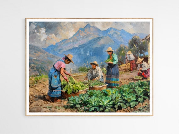Traditional Workers On The Farm Art Print Mexican Folk Colorful Style Unique Home Decor Ethnic Gift