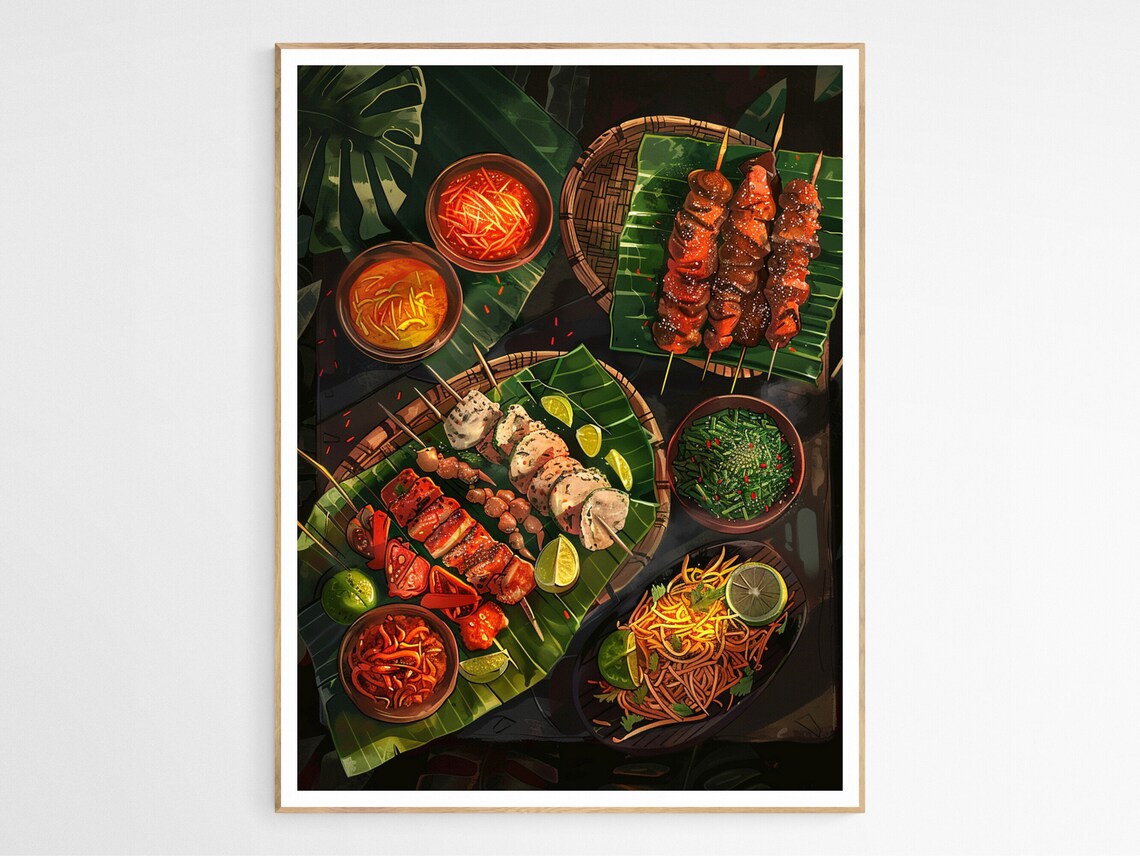 Filipino Boodle Fight Feast Skewers on Banana Leaves Food Art Poster