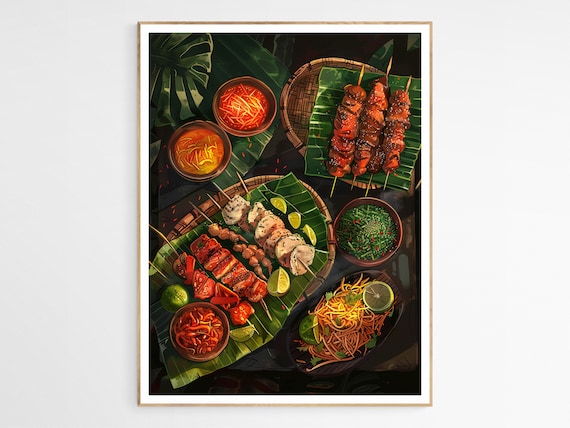 Filipino Boodle Fight Feast Skewers on Banana Leaves Food Art Poster