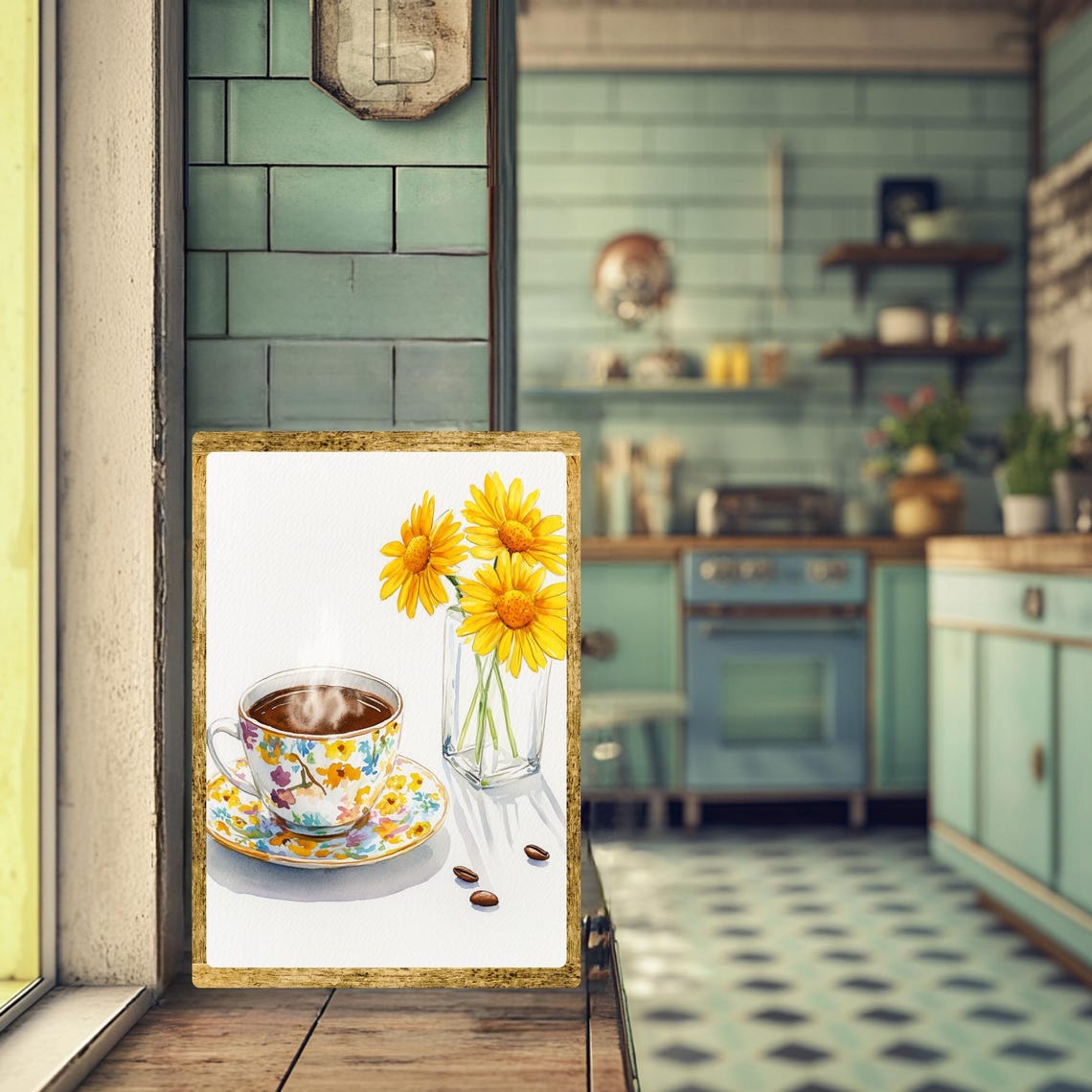 Floral Coffee Cup Yellow Daisies Sunny Framed Print Wall Decor - Image 3