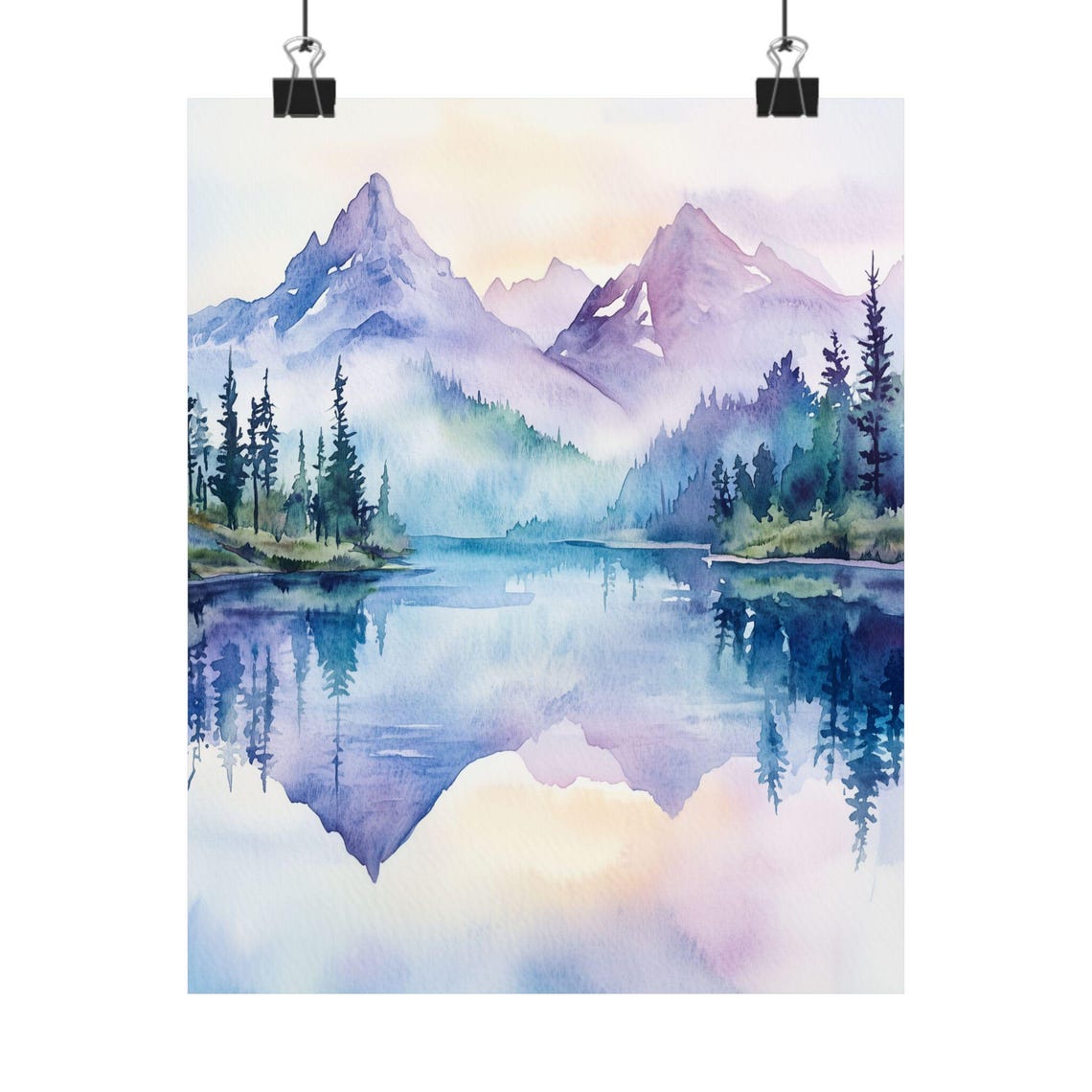 Mountain Lake Reflection Art Print Watercolor Landscape Painting Misty Mountain Scene Wall Decor Tranquil Nature Art