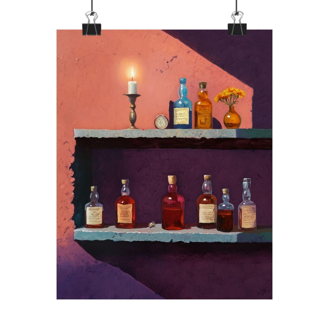 Mezcal Bar Still Life Candlelight Spirit Bottles Painting Poster