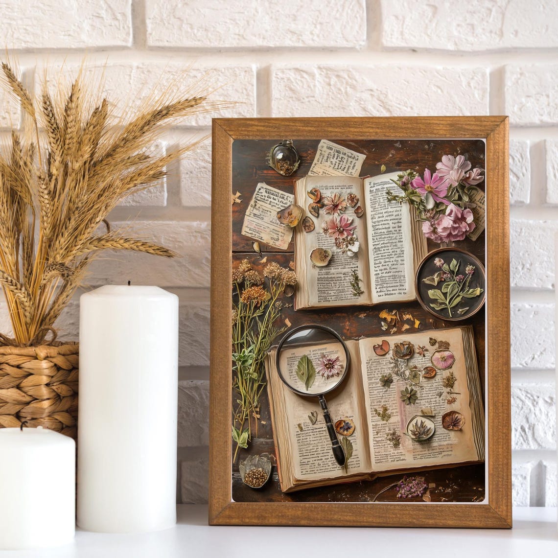 Vintage Botanical Herbarium with Pressed Flowers Open Books Poster - Image 3