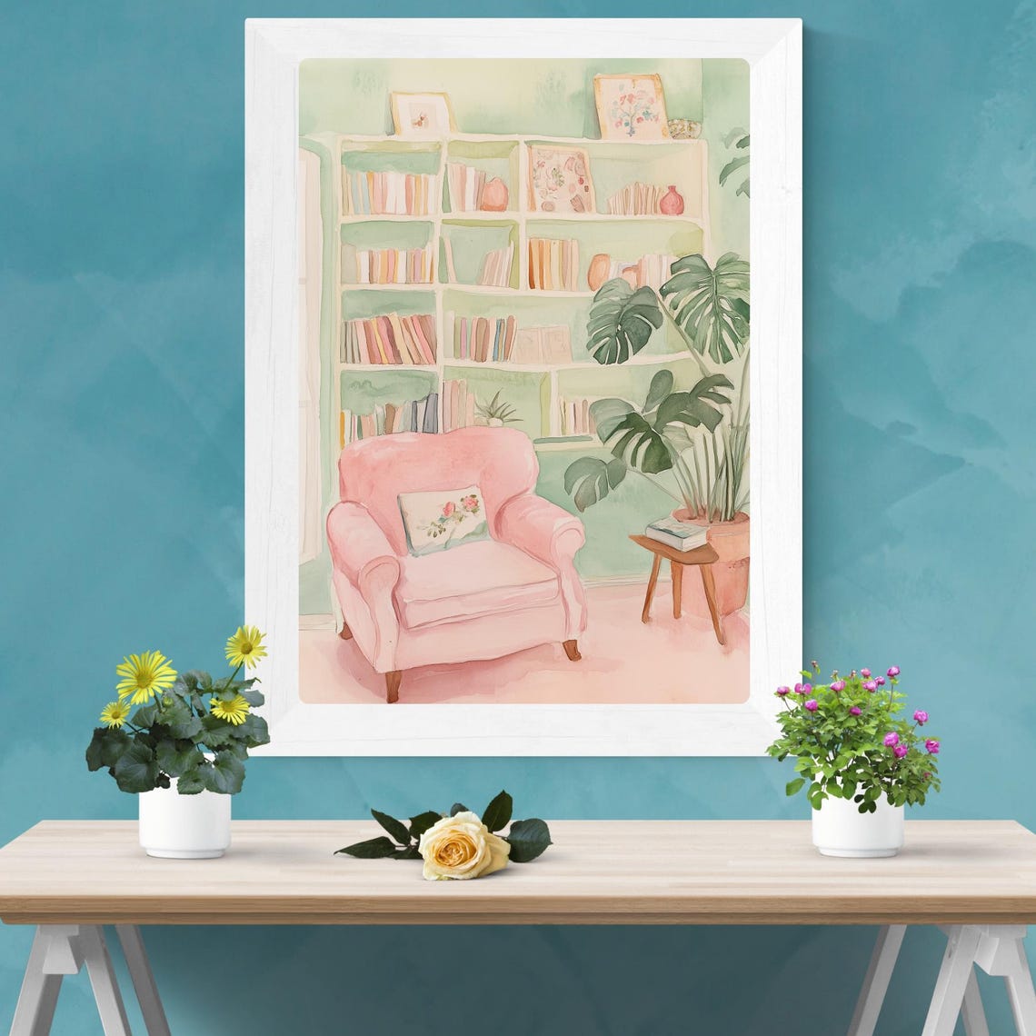Cozy Pink Reading Nook with Armchair and White Bookshelf Poster - Image 2