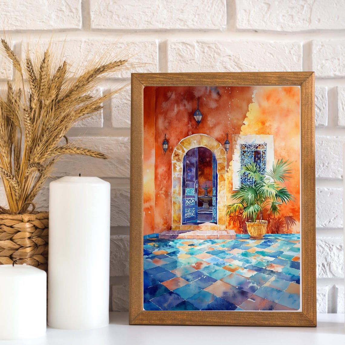 Moroccan Courtyard Terracotta Walls Blue Tiles Arched Door Poster - Image 2