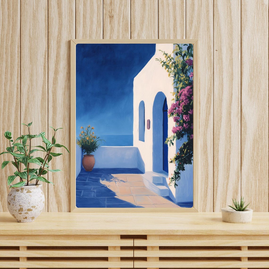 Santorini Greece Courtyard Blue Door Pink Bougainvillea Terrace Poster - Image 3