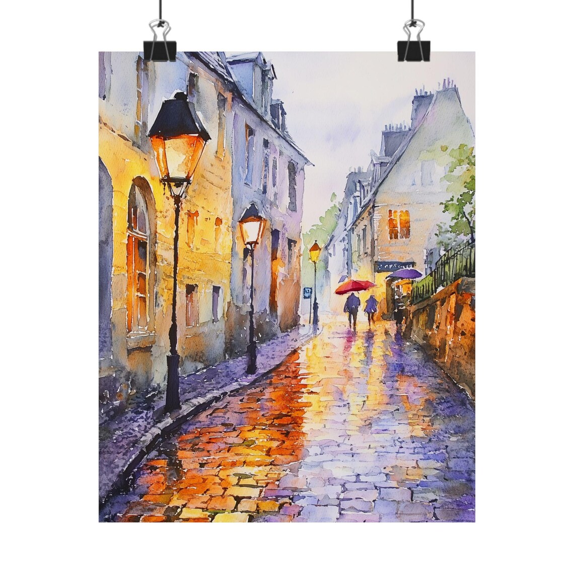 Rainy European Cobblestone Street Lamp Glow Watercolor Poster