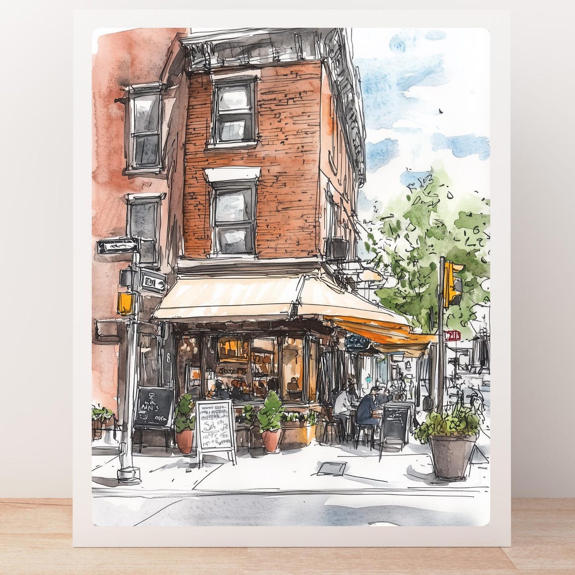 Brick Corner Coffee Shop Bustling Urban Street Sketch Poster - Image 5