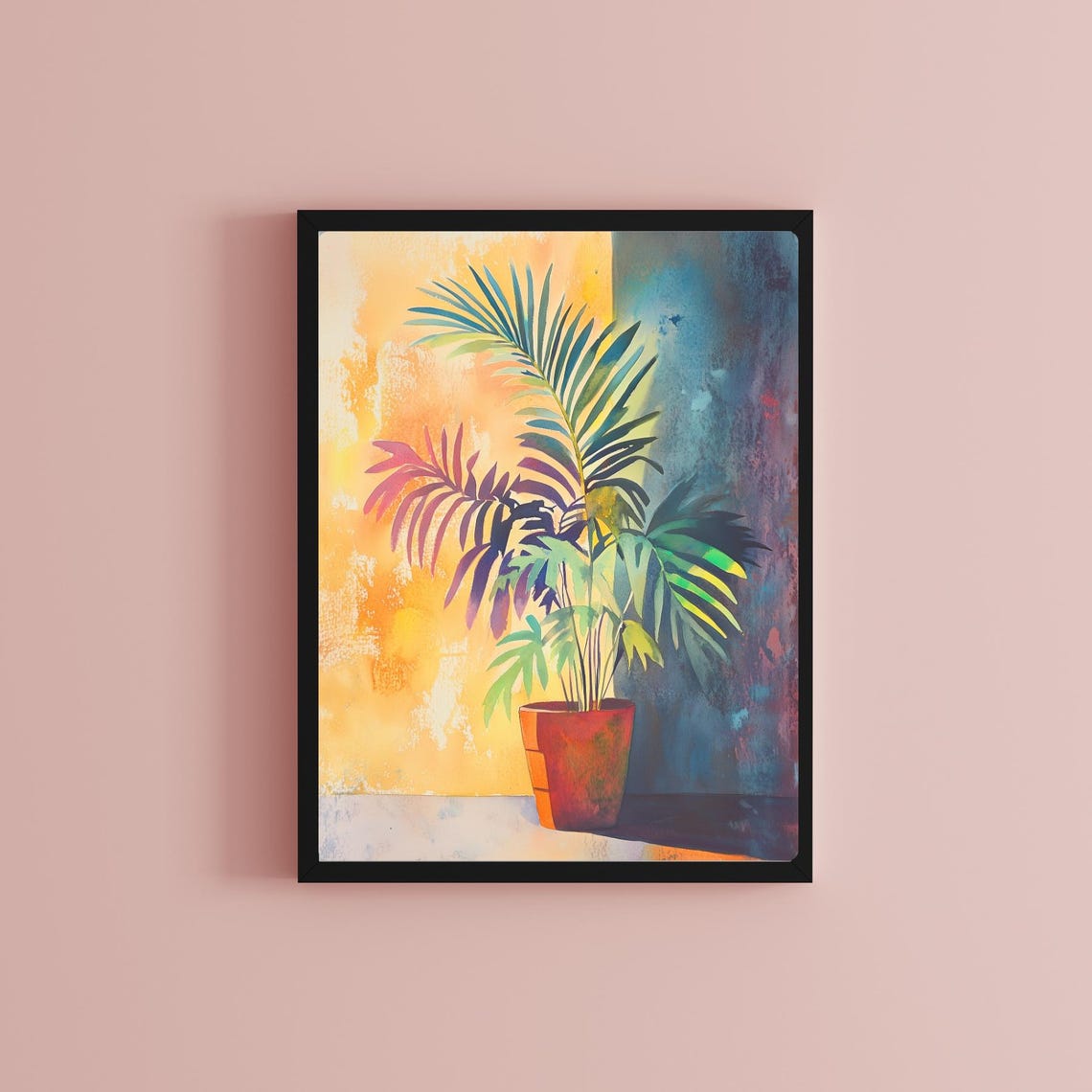 Sunlit Potted Palm Against a Warm Yellow and Blue Wall Poster - Image 2