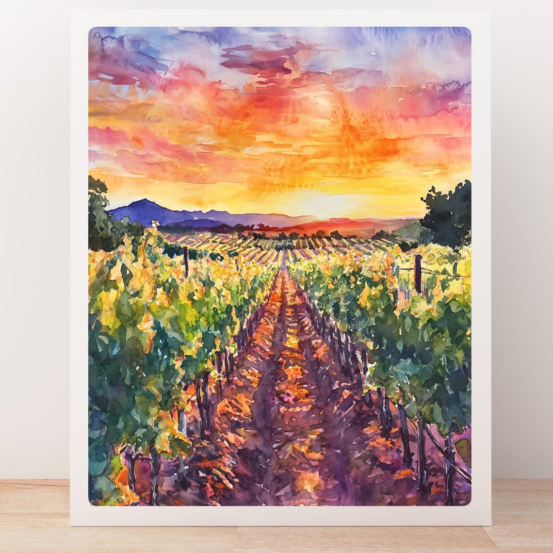 Sunset Over Vineyard Watercolor Painting Golden Hour Wall Art Winery Landscape Print Country Sunset Decor Vineyard Field View - Image 5