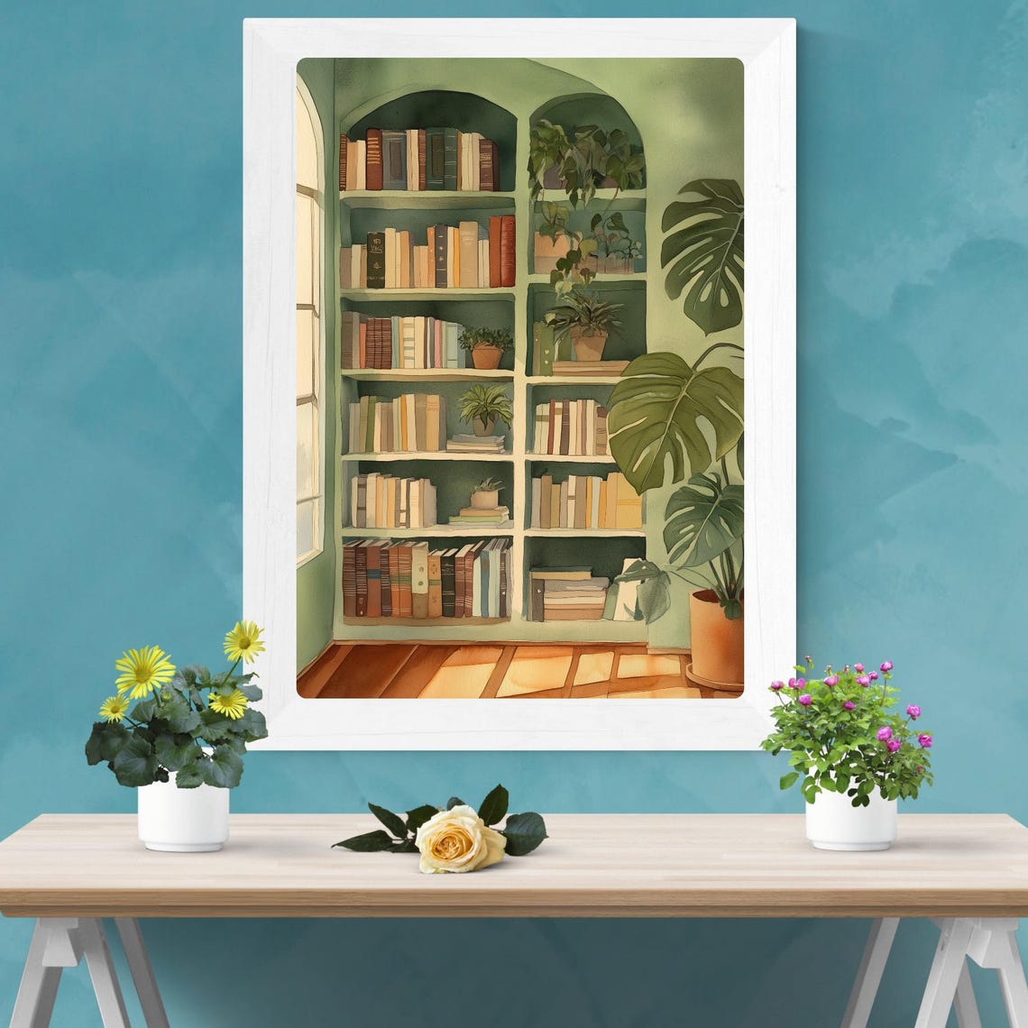 Green Reading Nook Bookcase Library Monstera Plant Watercolor Poster - Image 2