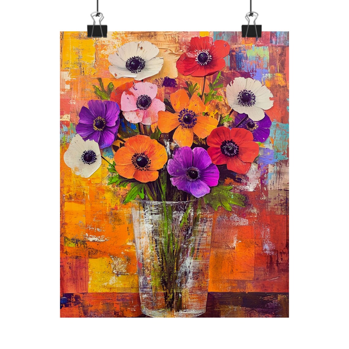 Colorful Anemone Bouquet in Glass Vase Textured Still Life Poster